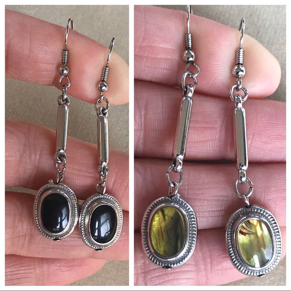 Black Onyx & Yellow Oval Two-Sided Dangle Earrings